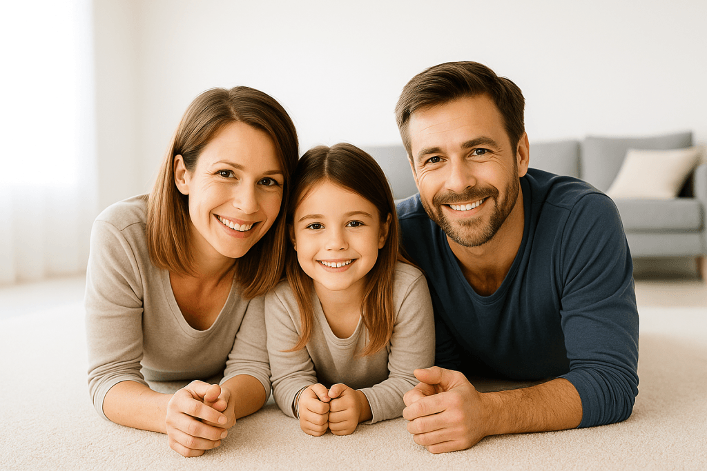 Family enjoying their clean carpet after professional carpet cleaning in Northamptonshire home