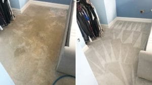 Before-and-after comparison of a heavily soiled bedroom carpet cleaned in Northampton