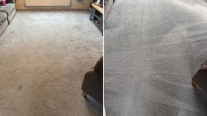 Before-and-after comparison of a dirty lounge carpet cleaned in Northampton