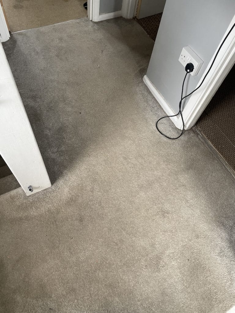 Dull and marked grey hallway carpet before cleaning in Northampton