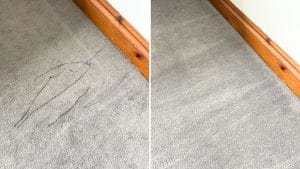 Before-and-after comparison of Sharpie marker removed from a synthetic carpet in Burton Latimer